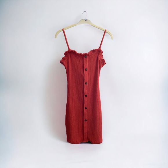 Love Culture Dress Bodycon LARGE Tomato Red Ribbed Stretch Buttons NWT - Picture 1 of 9